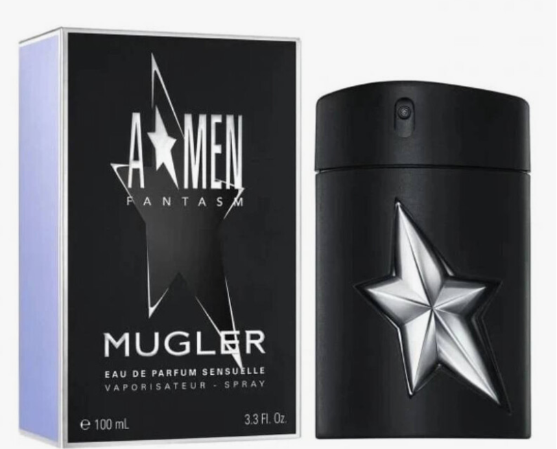 Thierry Mugler A Men Fantasm Perfume for Men 3.4 oz EDP Sensuelle matte black flask bottle with silver star displayed with black lavender A Men Fantasm Mugler Eau de Parfum Sensuelle box 100ml amber vanilla patchouli UPC 3614274126884
