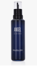 hierry Mugler Angel Elixir Perfume for Women 3.3 oz EDP navy blue cylindrical pump refill bottle displayed with pale lavender Angel Elixir Mugler Eau de Parfum Recharge Refill box floral fruity gourmand pink pepper jasmine ylang-ylang UPC 3614273764896