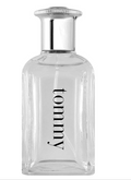 Tommy Hilfiger Men Perfume for Men 6.7 oz EDT single clear rectangular glass bottle with bold black tommy vertical script and silver ridged cap on white background citrus aromatic lavender bergamot rain florida grapefruit spearmint UPC 7640496670238