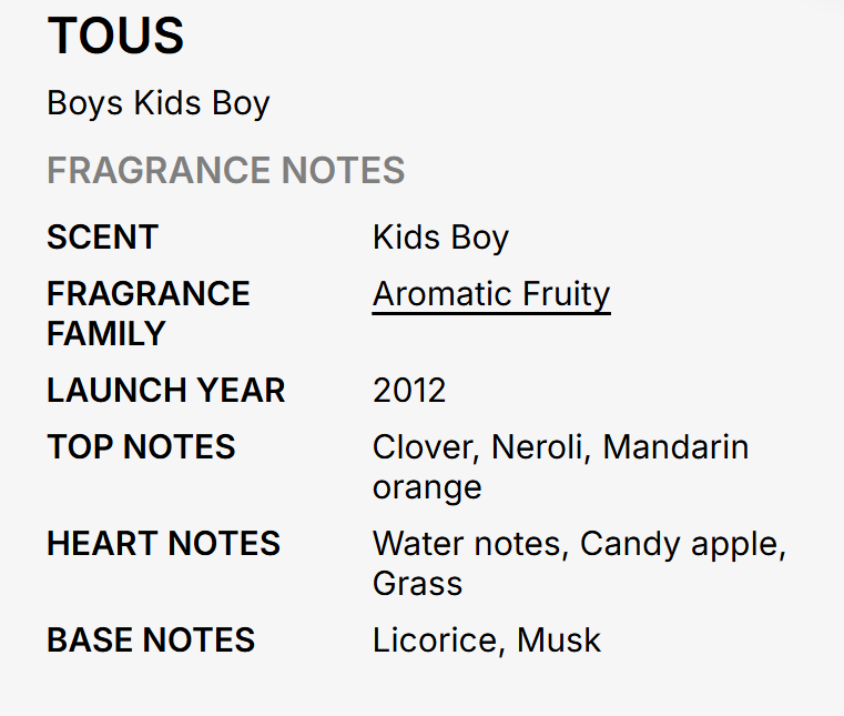 Tous Boys Kids Boy Aromatic Fruity fragrance notes top Clover Neroli Mandarin Orange heart Water Notes Candy Apple Grass base Licorice Musk launched 2012 UPC 8436603331012