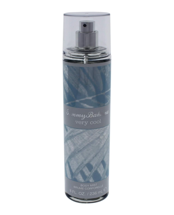 A cylindrical spray bottle of Tommy Bahama 'very cool' body mist, featuring a blue and gray patterned label with a silver spray nozzle and clear cap, on a white background.