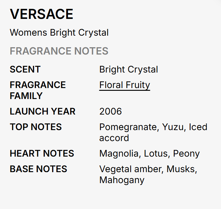 Versace Bright Crystal Perfume for Women 2-Piece Gift Set displayed with pink Versace Bright Crystal Travel Set gift box EDT bottle with crystal cap and body lotion tube floral fruity vegetal amber musks mahogany UPC 8011003800643