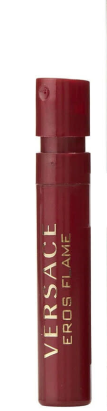 Vial Versace Eros Flame Perfume for Men 0.03 oz EDP single slim dark red burgundy cylindrical spray vial with dark red spray cap and VERSACE EROS FLAME gold text on white background woody spicy mandarin orange black pepper chinotto lemon pepper geranium rose vanilla tonka bean sandalwood texas cedar UPC 8011003845422
