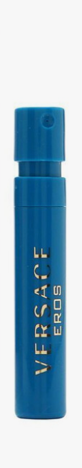Vial Versace Eros Perfume for Men 0.03 oz EDT single slim bright blue cylindrical spray vial with blue spray cap and VERSACE EROS gold text on white background aromatic fougere mint green apple lemon tonka bean geranium ambroxan madagascar vanilla vetiver oakmoss virginian cedar UPC 8011003809356