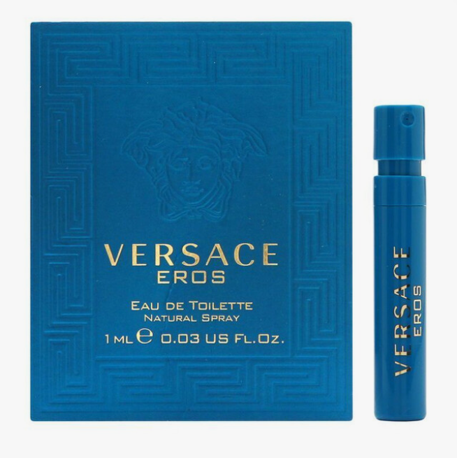 Vial Versace Eros Perfume for Men 0.03 oz EDT slim bright blue spray vial displayed with blue embossed VERSACE EROS Eau de Toilette Natural Spray 1ml 0.03 US FL OZ card with gold Medusa head and Greek key border on white background UPC 8011003809356