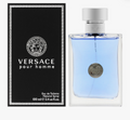 Versace Pour Homme Perfume for Men 3.4 oz EDT clear rectangular blue liquid bottle with silver Medusa coin and silver cap displayed with matte black Greek key border Versace pour homme Eau de Toilette Natural Spray 100ml 3.4 us fl oz box with large silver Medusa head UPC 8011003995967