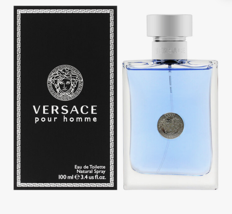 Versace Pour Homme Perfume for Men 3.4 oz EDT clear rectangular blue liquid bottle with silver Medusa coin and silver cap displayed with matte black Greek key border Versace pour homme Eau de Toilette Natural Spray 100ml 3.4 us fl oz box with large silver Medusa head UPC 8011003995967