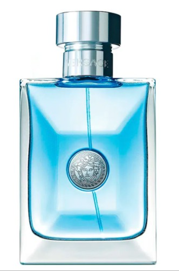 Versace Pour Homme Perfume for Men 3.4 oz EDT single clear rectangular glass bottle with bright blue liquid silver Medusa coin medallion and silver cylindrical cap on white background aromatic fougere neroli bergamot geranium blue hyacinth oud musk UPC 8011003995967