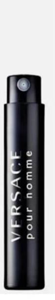 Vial Versace Signature Perfume for Men 0.03 oz EDT single slim matte black cylindrical spray vial with silver cap and VERSACE pour homme white text on white background aromatic fougere neroli bitter orange leaves citron of diamante bergamot geranium blue hyacinth clary sage cedarwood oud mineral amber musk tonka UPC 8011003809813